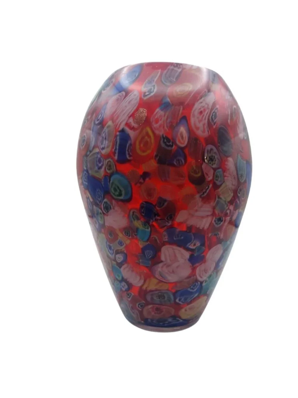 Murano Millefiori Art Glass Vase Hand Blown Red Murrine Canes Aventurine Italy